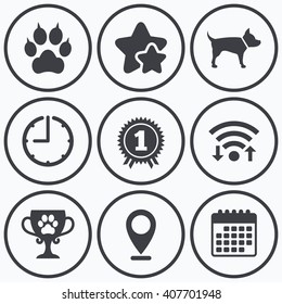 Clock, wifi and stars icons. Pets icons. Cat paw with clutches sign. Winner cup and medal symbol. Dog silhouette. Calendar symbol.