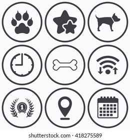 Clock, wifi and stars icons. Pets icons. Cat paw with clutches sign. Winner laurel wreath and medal symbol. Pets food. Calendar symbol.