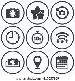 Clock, wifi and stars icons. Photo camera icon. Flip turn or refresh symbols. Stopwatch timer 10 seconds sign. Calendar symbol.