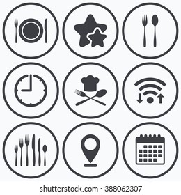 Clock, wifi and stars icons. Plate dish with forks and knifes icons. Chief hat sign. Crosswise cutlery symbol. Dessert fork. Calendar symbol.