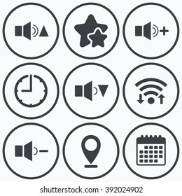 Clock, wifi and stars icons. Player control icons. Sound louder and quieter signs. Dynamic symbol. Calendar symbol.