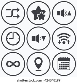 Clock, wifi and stars icons. Player control icons. Sound louder and quieter signs. Dynamic symbol. Shuffle random and repeat loop. Calendar symbol.