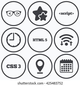 Clock, wifi and stars icons. Programmer coder glasses icon. HTML5 markup language and CSS3 cascading style sheets sign symbols. Calendar symbol.
