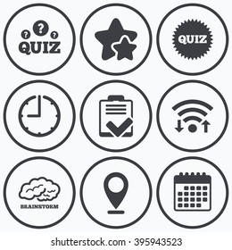 Clock, wifi and stars icons. Quiz icons. Brainstorm or human think. Checklist symbol. Survey poll or questionnaire feedback form. Questions and answers game sign. Calendar symbol.