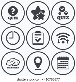 Clock, wifi and stars icons. Quiz icons. Human brain think. Checklist with check mark symbol. Survey poll or questionnaire feedback form sign. Calendar symbol.