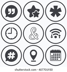 Clock, wifi and stars icons. Quote, asterisk footnote icons. Hashtag social media and ampersand symbols. Programming logical operator AND sign. Speech bubble. Calendar symbol.