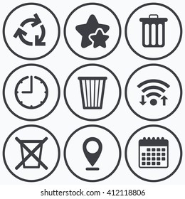 Clock, wifi and stars icons. Recycle bin icons. Reuse or reduce symbols. Trash can and recycling signs. Calendar symbol.