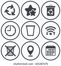 Clock, wifi and stars icons. Recycle bin icons. Reuse or reduce symbols. Trash can and recycling signs. Calendar symbol.