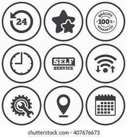 Clock, wifi and stars icons. Repair fix tool icons. 24h Customer support service signs. 100% quality guarantee symbol. Cogwheel gear with wrench key. Calendar symbol.