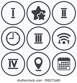 Clock, wifi and stars icons. Roman numeral icons. 1, 2, 3 and 4 digit characters. Ancient Rome numeric system. Calendar symbol.