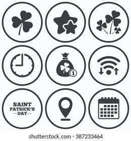 Clock, wifi and stars icons. Saint Patrick day icons. Money bag with clover and coin sign. Trefoil shamrock clover. Symbol of good luck. Calendar symbol.