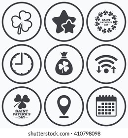 Clock, wifi and stars icons. Saint Patrick day icons. Money bag with clover sign. Wreath of trefoil shamrock clovers. Symbol of good luck. Calendar symbol.
