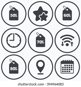 Clock, wifi and stars icons. Sale price tag icons. Discount special offer symbols. 50%, 60%, 70% and 80% percent discount signs. Calendar symbol.