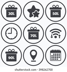 Clock, wifi and stars icons. Sale gift box tag icons. Discount special offer symbols. 30%, 50%, 70% and 90% percent discount signs. Calendar symbol.
