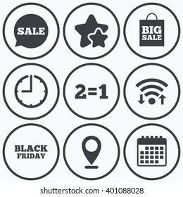 Clock, wifi and stars icons. Sale speech bubble icons. Two equals one. Black friday sign. Big sale shopping bag symbol. Calendar symbol.
