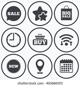 Clock, wifi and stars icons. Sale speech bubble icon. Buy cart symbol. New star circle sign. Big sale shopping bag. Calendar symbol.