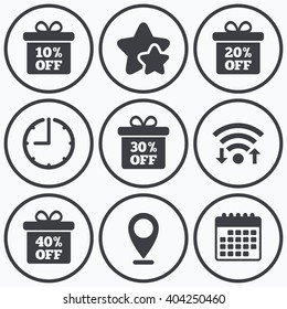 Clock, wifi and stars icons. Sale gift box tag icons. Discount special offer symbols. 10%, 20%, 30% and 40% percent off signs. Calendar symbol.