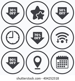 Clock, wifi and stars icons. Sale arrow tag icons. Discount special offer symbols. 30%, 50%, 70% and 90% percent off signs. Calendar symbol.