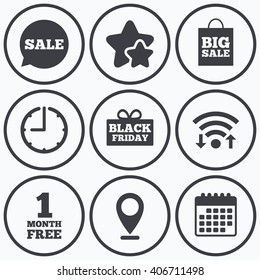 Clock, wifi and stars icons. Sale speech bubble icon. Black friday gift box symbol. Big sale shopping bag. First month free sign. Calendar symbol.