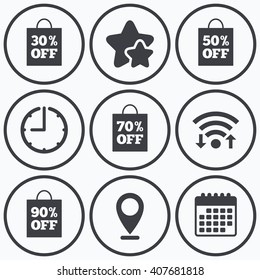 Clock, wifi and stars icons. Sale bag tag icons. Discount special offer symbols. 30%, 50%, 70% and 90% percent off signs. Calendar symbol.