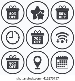 Clock, wifi and stars icons. Sale gift box tag icons. Discount special offer symbols. 50%, 60%, 70% and 80% percent off signs. Calendar symbol.