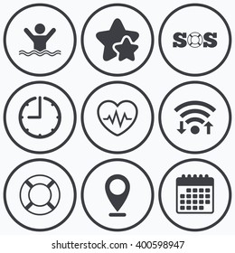Clock, wifi and stars icons. SOS lifebuoy icon. Heartbeat cardiogram symbol. Swimming sign. Man drowns. Calendar symbol.