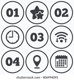 Clock, wifi and stars icons. Step one, two, three and four icons. Sequence of options symbols. Loading process signs. Calendar symbol.