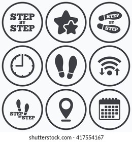 Clock, wifi and stars icons. Step by step icons. Footprint shoes symbols. Instruction guide concept. Calendar symbol.