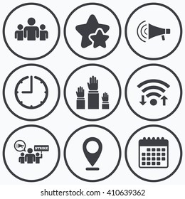 Clock, wifi and stars icons. Strike group of people icon. Megaphone loudspeaker sign. Election or voting symbol. Hands raised up. Calendar symbol.