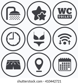 Clock, wifi and stars icons. Swimming pool icons. Shower water drops and swimwear symbols. WC Toilet sign. Trunks and women underwear. Calendar symbol.