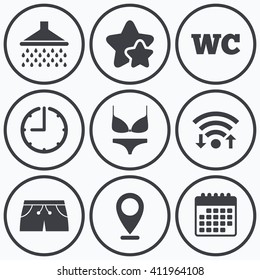 Clock, wifi and stars icons. Swimming pool icons. Shower water drops and swimwear symbols. WC Toilet sign. Trunks and women underwear. Calendar symbol.