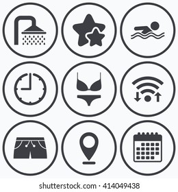 Clock, wifi and stars icons. Swimming pool icons. Shower water drops and swimwear symbols. Human swims in sea waves sign. Trunks and women underwear. Calendar symbol.