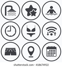 Clock, wifi and stars icons. Swimming pool icons. Shower water drops and swimwear symbols. Human stands in sea waves sign. Trunks and women underwear. Calendar symbol.