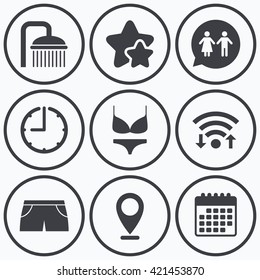 Clock, wifi and stars icons. Swimming pool icons. Shower water drops and swimwear symbols. WC Toilet speech bubble sign. Trunks and women underwear. Calendar symbol.