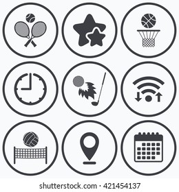Clock, wifi and stars icons. Tennis rackets with ball. Basketball basket. Volleyball net with ball. Golf fireball sign. Sport icons. Calendar symbol.