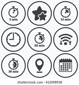 Clock, wifi and stars icons. Timer icons. 5, 15, 20 and 30 minutes stopwatch symbols. Calendar symbol.