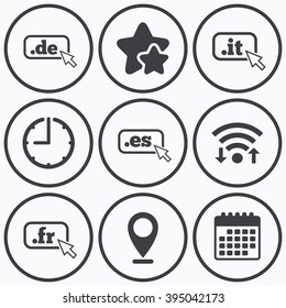 Clock, wifi and stars icons. Top-level internet domain icons. De, It, Es and Fr symbols with cursor pointer. Unique national DNS names. Calendar symbol.