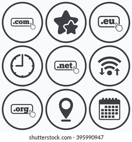 Clock, wifi and stars icons. Top-level internet domain icons. Com, Eu, Net and Org symbols with hand pointer. Unique DNS names. Calendar symbol.