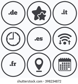 Clock, wifi and stars icons. Top-level internet domain icons. De, It, Es and Fr symbols. Unique national DNS names. Calendar symbol.