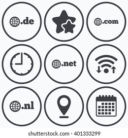 Clock, wifi and stars icons. Top-level internet domain icons. De, Com, Net and Nl symbols with globe. Unique national DNS names. Calendar symbol.