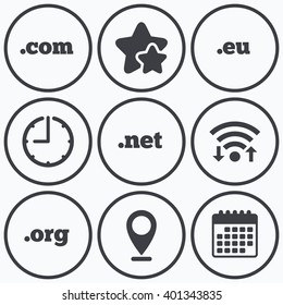 Clock, wifi and stars icons. Top-level internet domain icons. Com, Eu, Net and Org symbols. Unique DNS names. Calendar symbol.