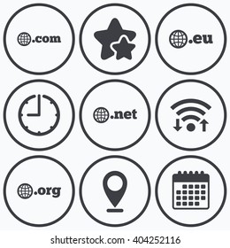 Clock, wifi and stars icons. Top-level internet domain icons. Com, Eu, Net and Org symbols with globe. Unique DNS names. Calendar symbol.