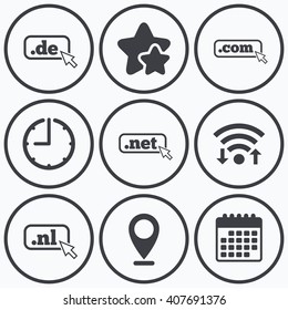 Clock, wifi and stars icons. Top-level internet domain icons. De, Com, Net and Nl symbols with cursor pointer. Unique national DNS names. Calendar symbol.