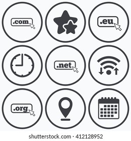 Clock, wifi and stars icons. Top-level internet domain icons. Com, Eu, Net and Org symbols with cursor pointer. Unique DNS names. Calendar symbol.