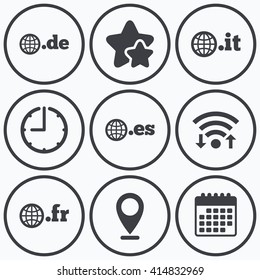 Clock, wifi and stars icons. Top-level internet domain icons. De, It, Es and Fr symbols with globe. Unique national DNS names. Calendar symbol.