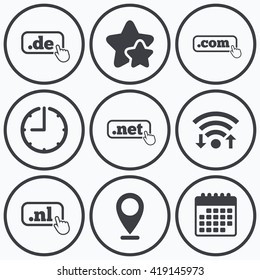 Clock, wifi and stars icons. Top-level internet domain icons. De, Com, Net and Nl symbols with hand pointer. Unique national DNS names. Calendar symbol.