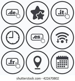 Clock, wifi and stars icons. Top-level internet domain icons. De, It, Es and Fr symbols with hand pointer. Unique national DNS names. Calendar symbol.