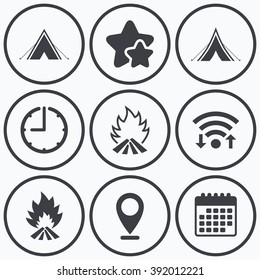 Clock, wifi and stars icons. Tourist camping tent icons. Fire flame sign symbols. Calendar symbol.