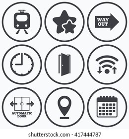 Clock, wifi and stars icons. Train railway icon. Automatic door symbol. Way out arrow sign. Calendar symbol.