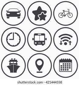 Clock, wifi and stars icons. Transport icons. Car, Bicycle, Public bus and Ship signs. Shipping delivery symbol. Family vehicle sign. Calendar symbol.